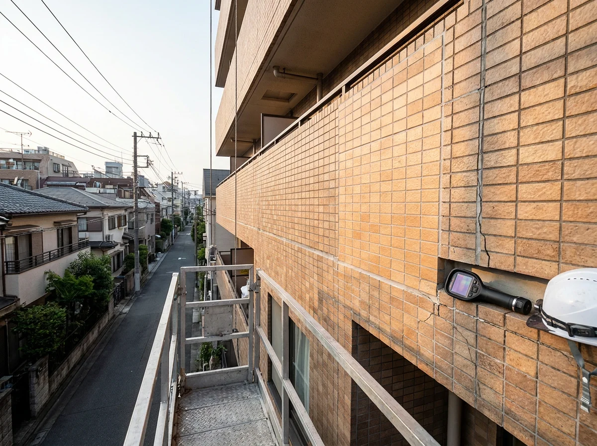 目地を整え補修後に均一な仕上がりとなった集合住宅の外壁タイル
