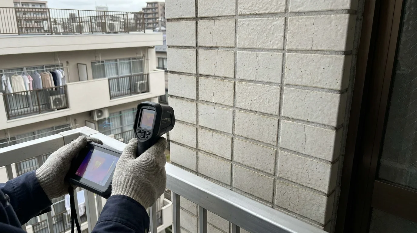 外壁タイルに取り付けた試験機で接着力を確認する作業員の手元