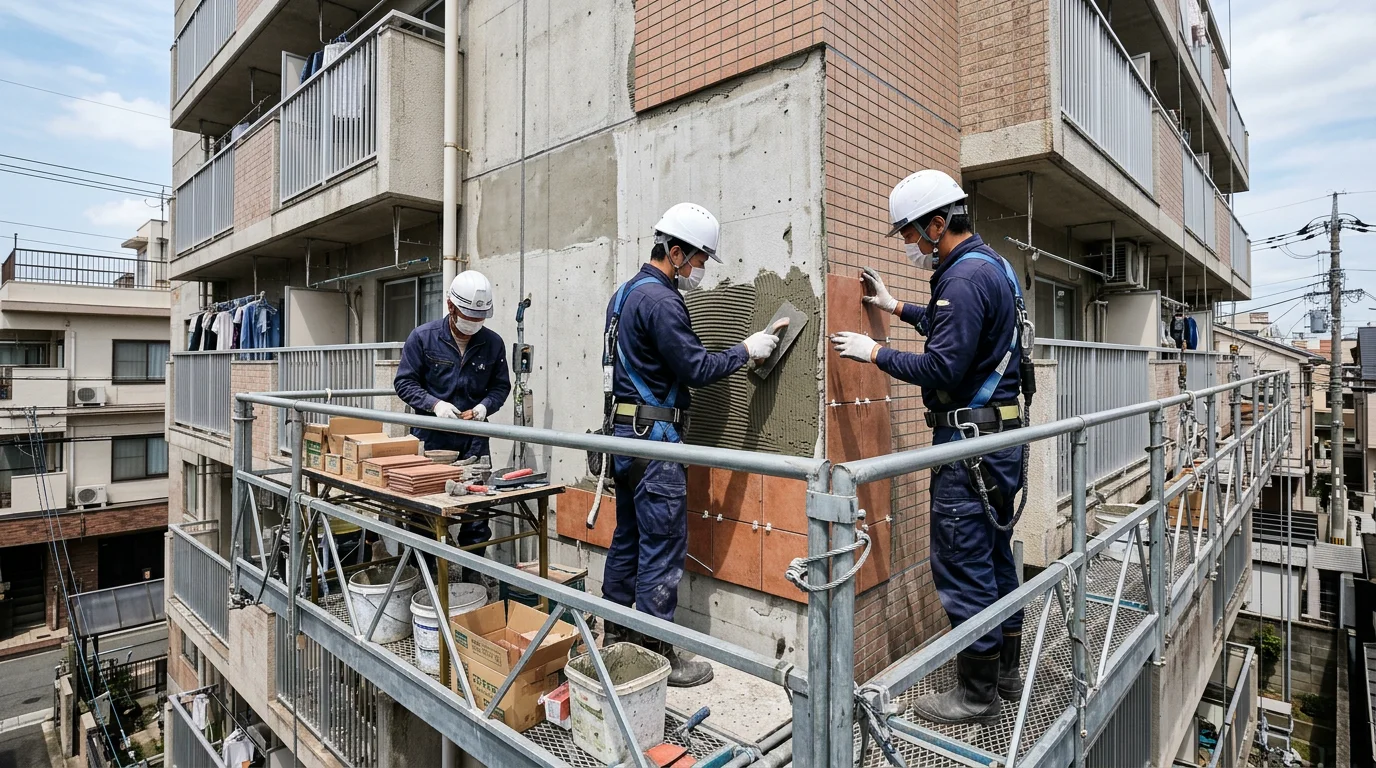 足場の上でマンション外壁のタイルを補修する作業員の手元