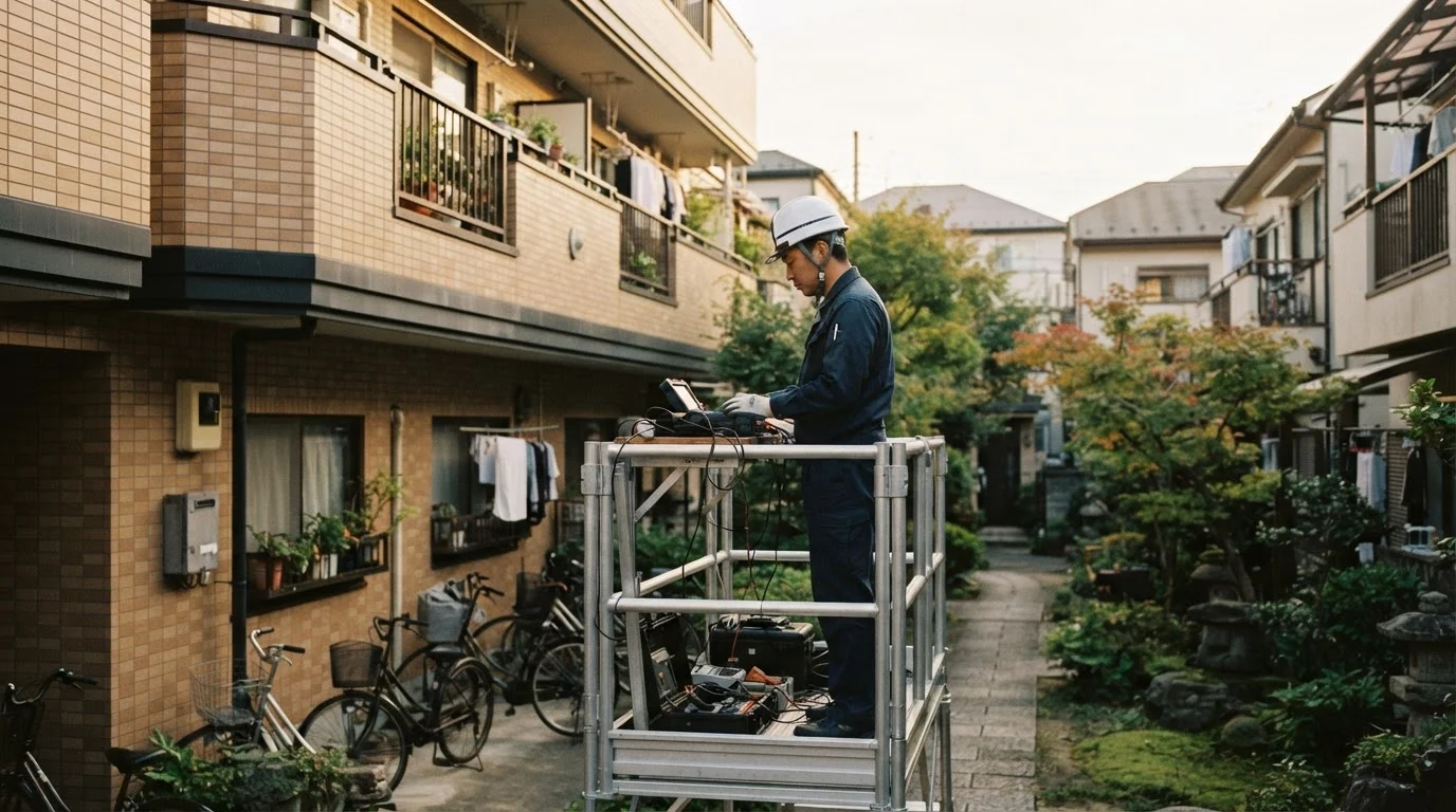 足場に囲まれた集合住宅の外壁で補修箇所を確認する作業現場