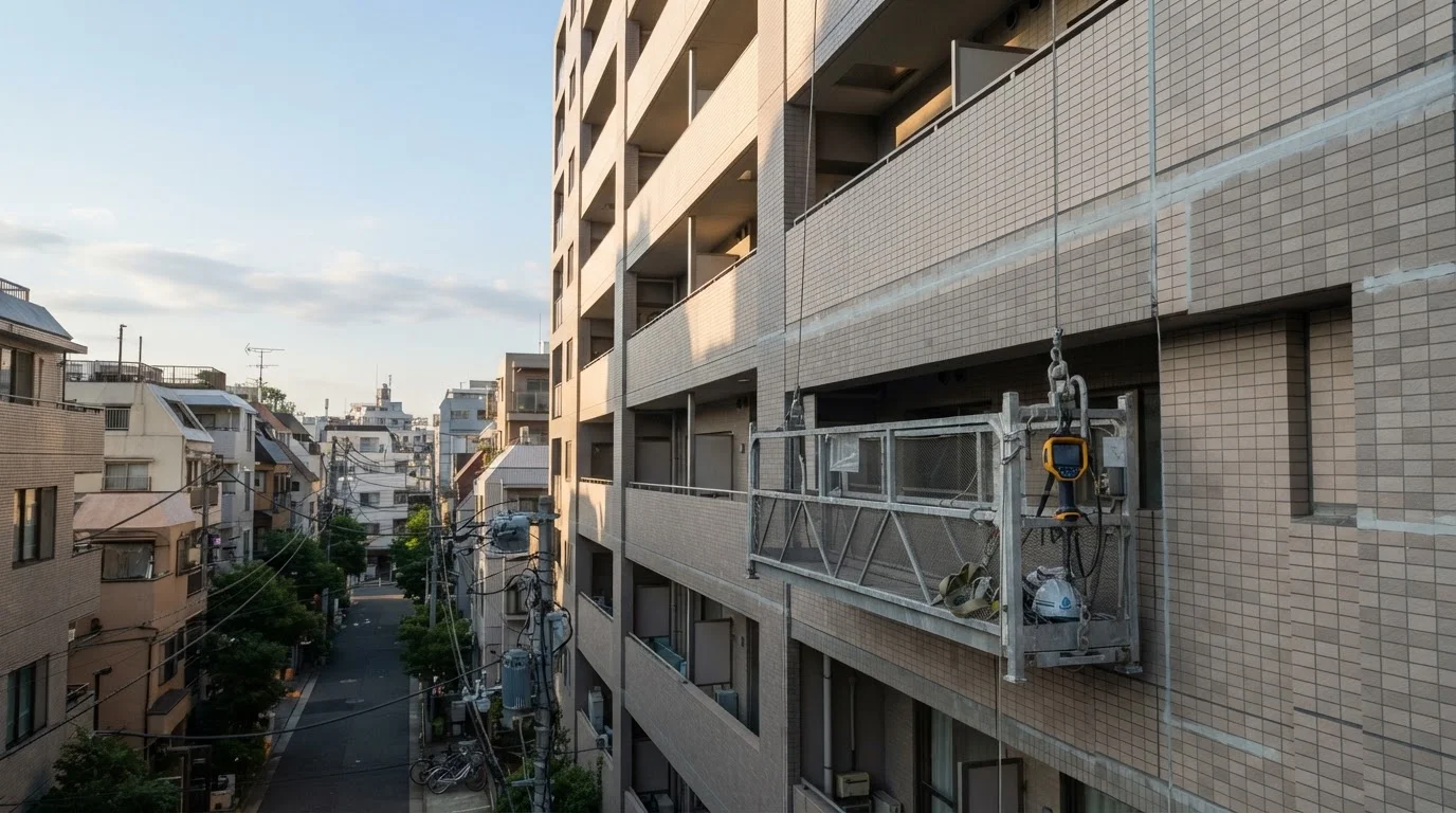 補修後の外壁タイルを見上げた建物外観