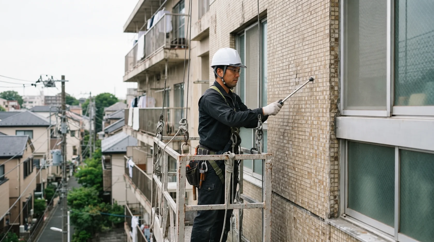 ゴンドラに乗った作業員が伸縮棒でタイル外壁を点検している検査風景
